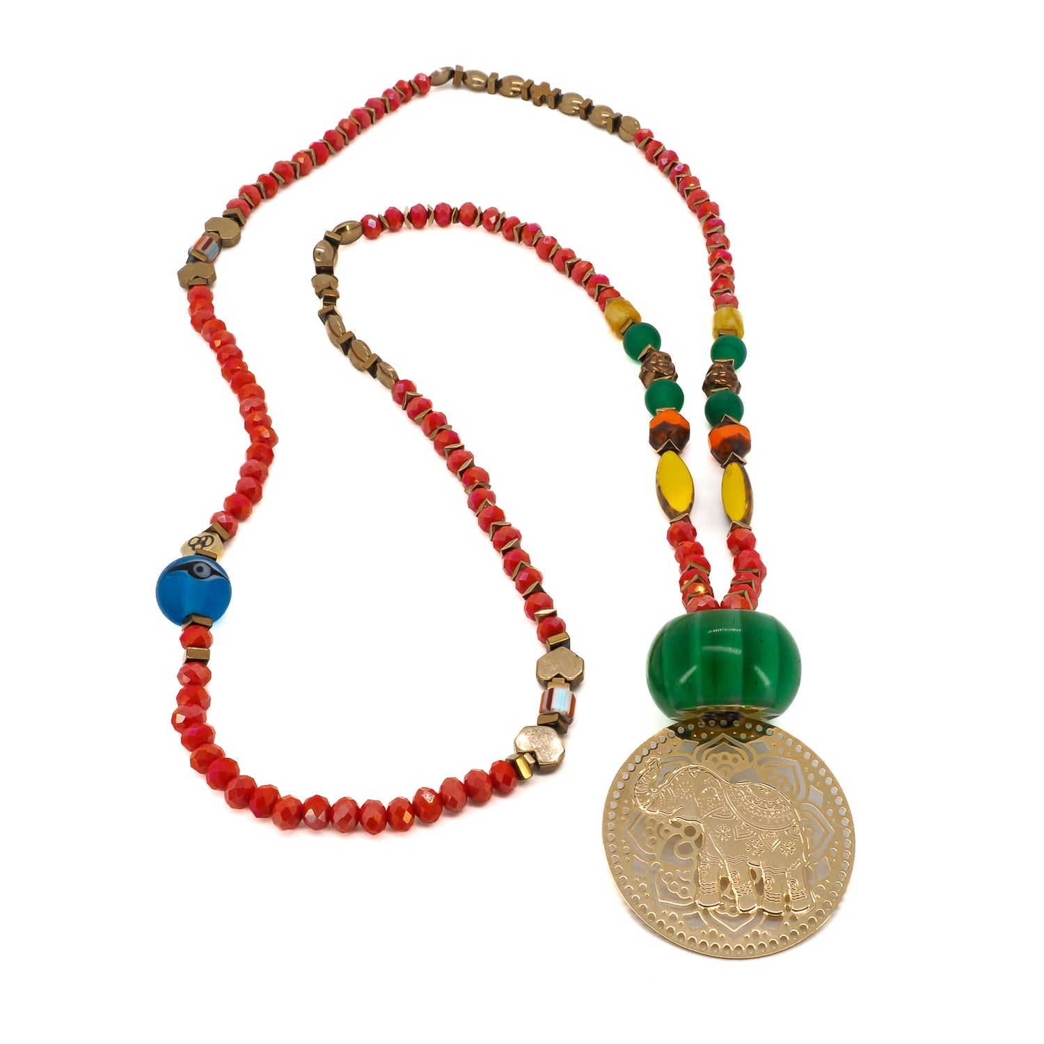 Explore the unique design of the Mystic Bohemian Elephant Necklace, featuring a colorful mix of beads, including green jade, African beads, and shimmering crystal beads, accentuated by the 18K gold-plated elephant pendant.