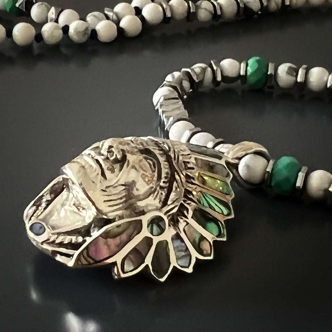 Silver color hematite stone spacers adding a touch of elegance to the Native American Chief Necklace.