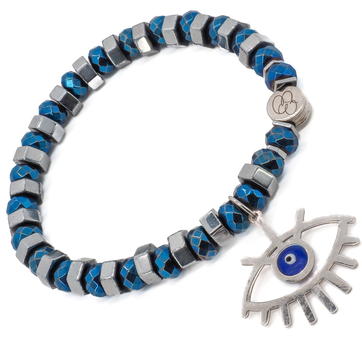 The Nazar Bracelet combines the beauty of blue and silver hematite stones, creating a stunning contrast.