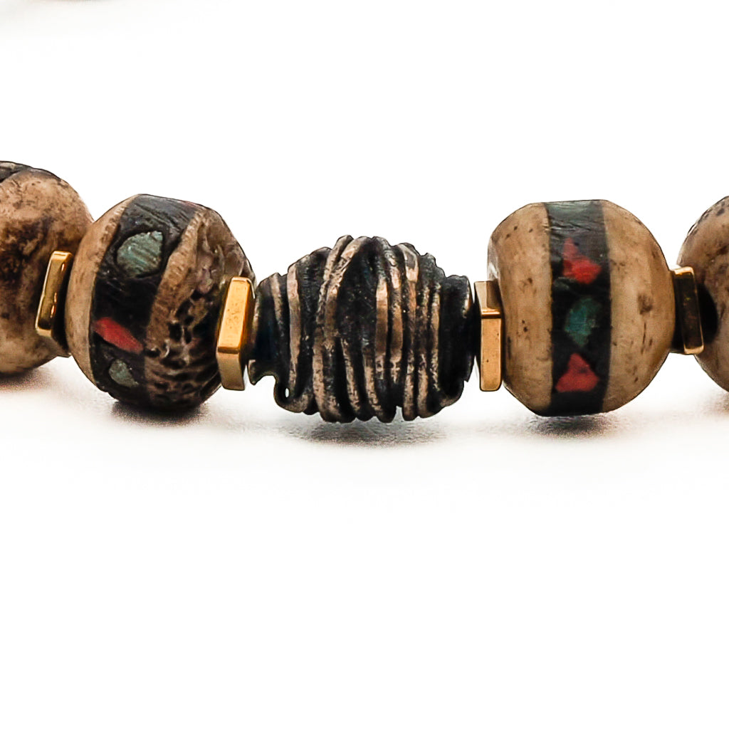 Handcrafted Spiritual Essence Bracelet - Nepal Inlaid Bone Beads and Seed Beads