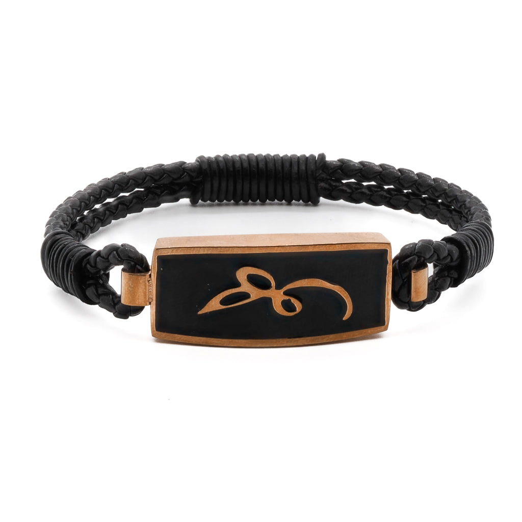 Ottoman Men Bracelet - Black Leather with Rose Gold Ottoman Rose Symbol.
