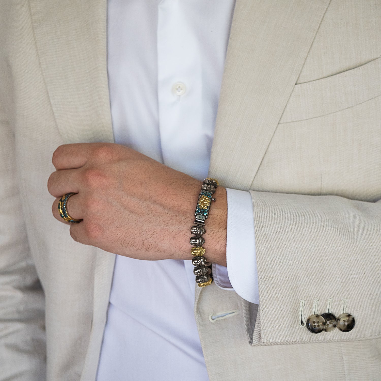 Model Wearing Peace Gold Lotus Buddha Bracelet - Embracing spirituality and elegance.