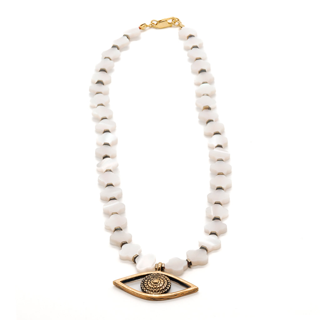 Beautiful Necklace with Evil Eye pendant and delicate pearl clover flower beads.