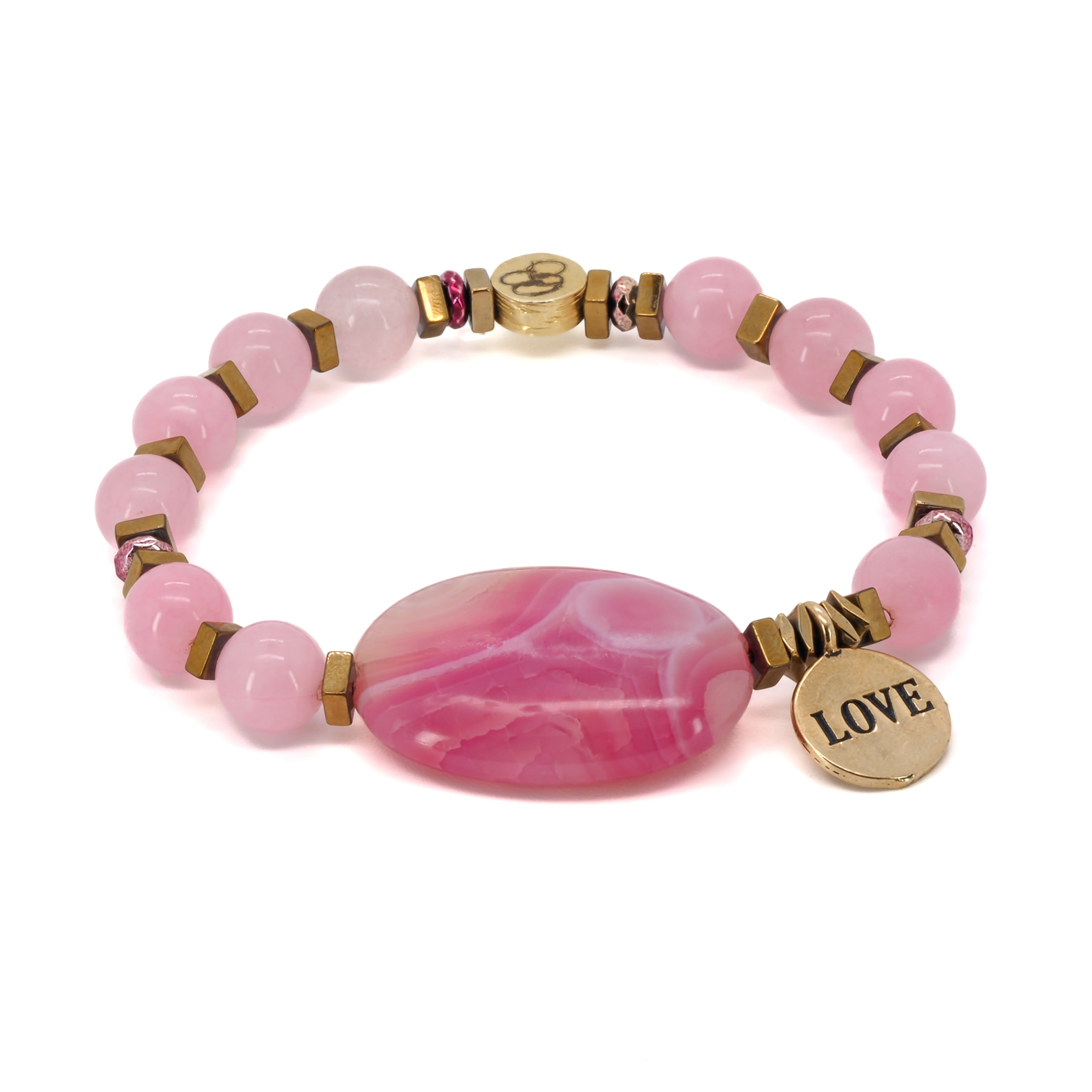 Add a touch of romance to your style with the Pink Agate Love Bracelet, featuring pink agate stones and a delicate bronze love charm.