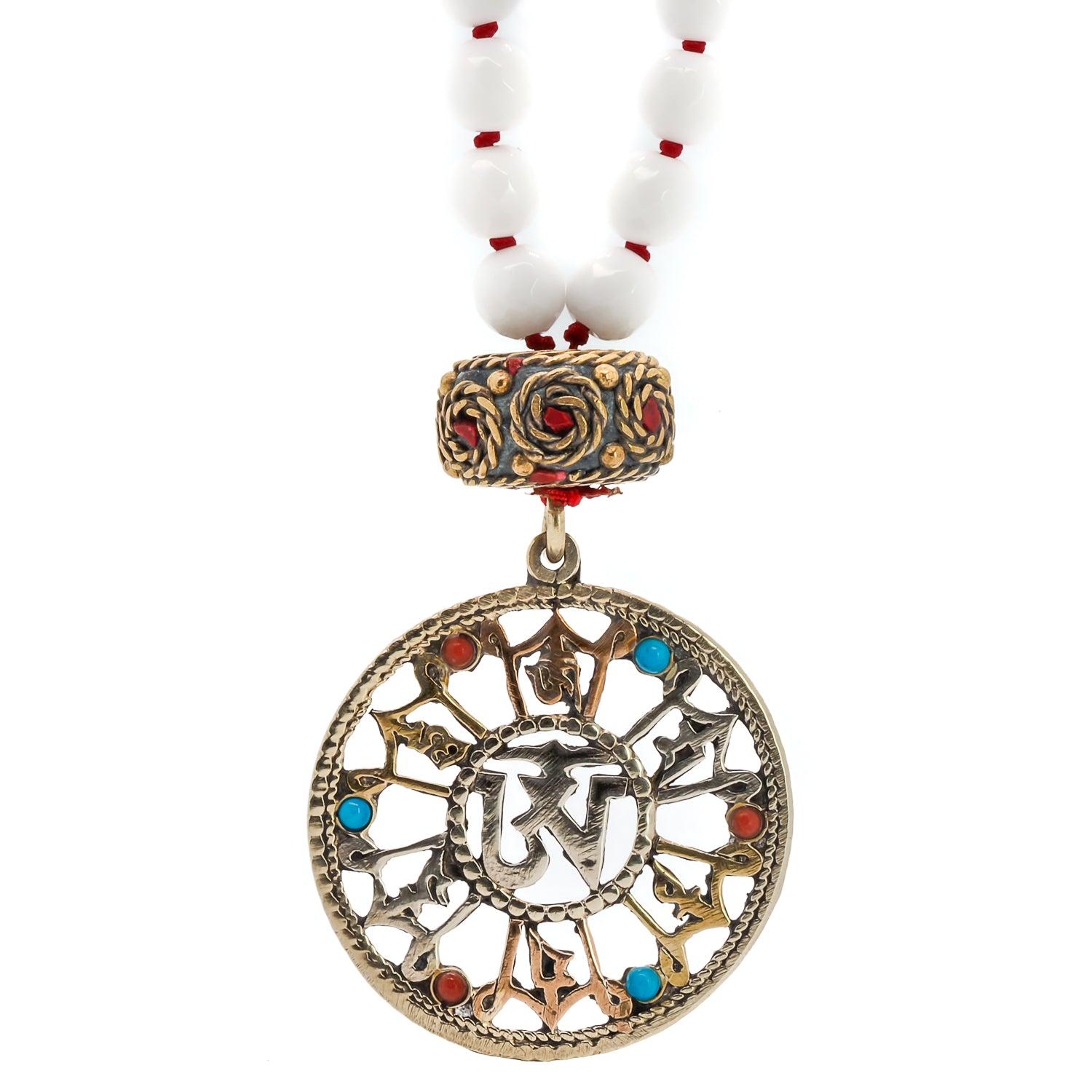 Eye Of The Buddha Necklace - Unique design with white Jade stones, Nepal mantra beads, and a bronze Om charm, symbolizing wisdom and compassion.