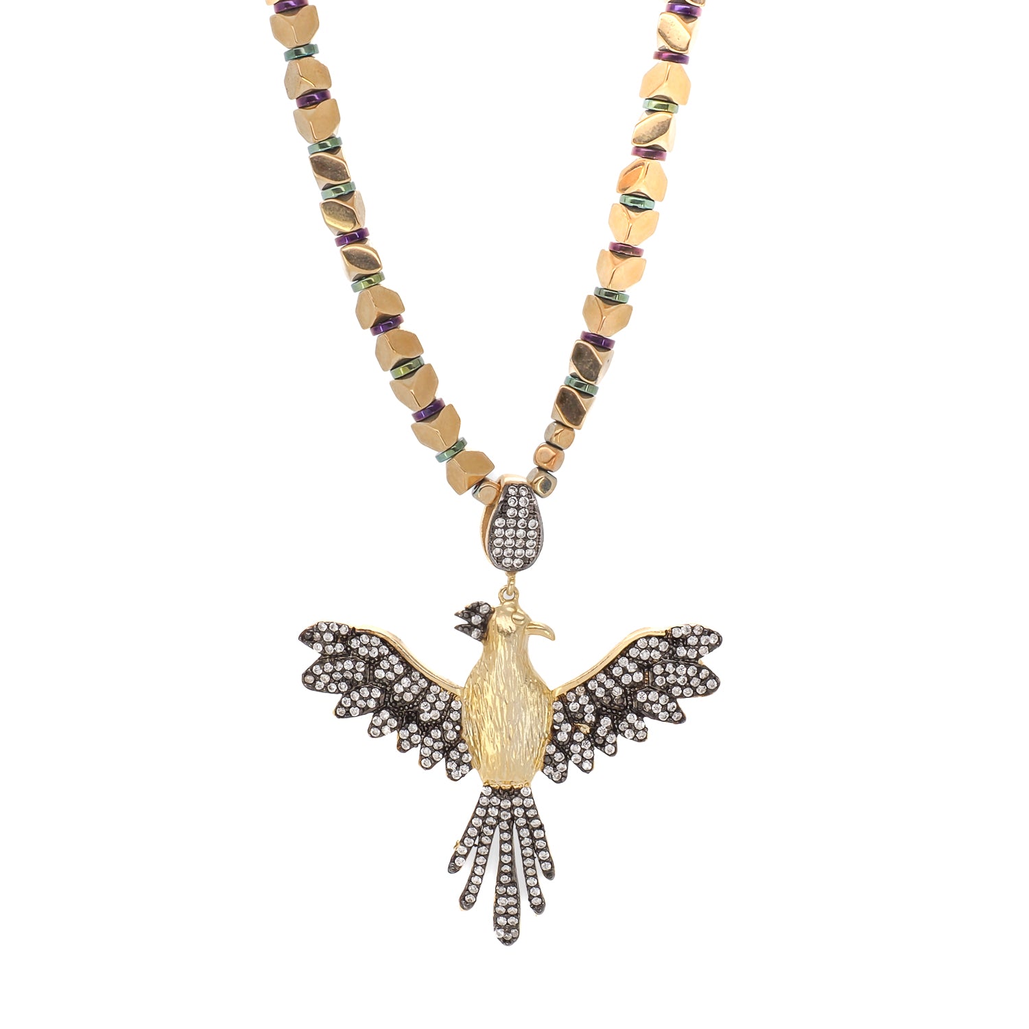 A captivating Phoenix necklace with gold hematite stones and Swarovski crystals.