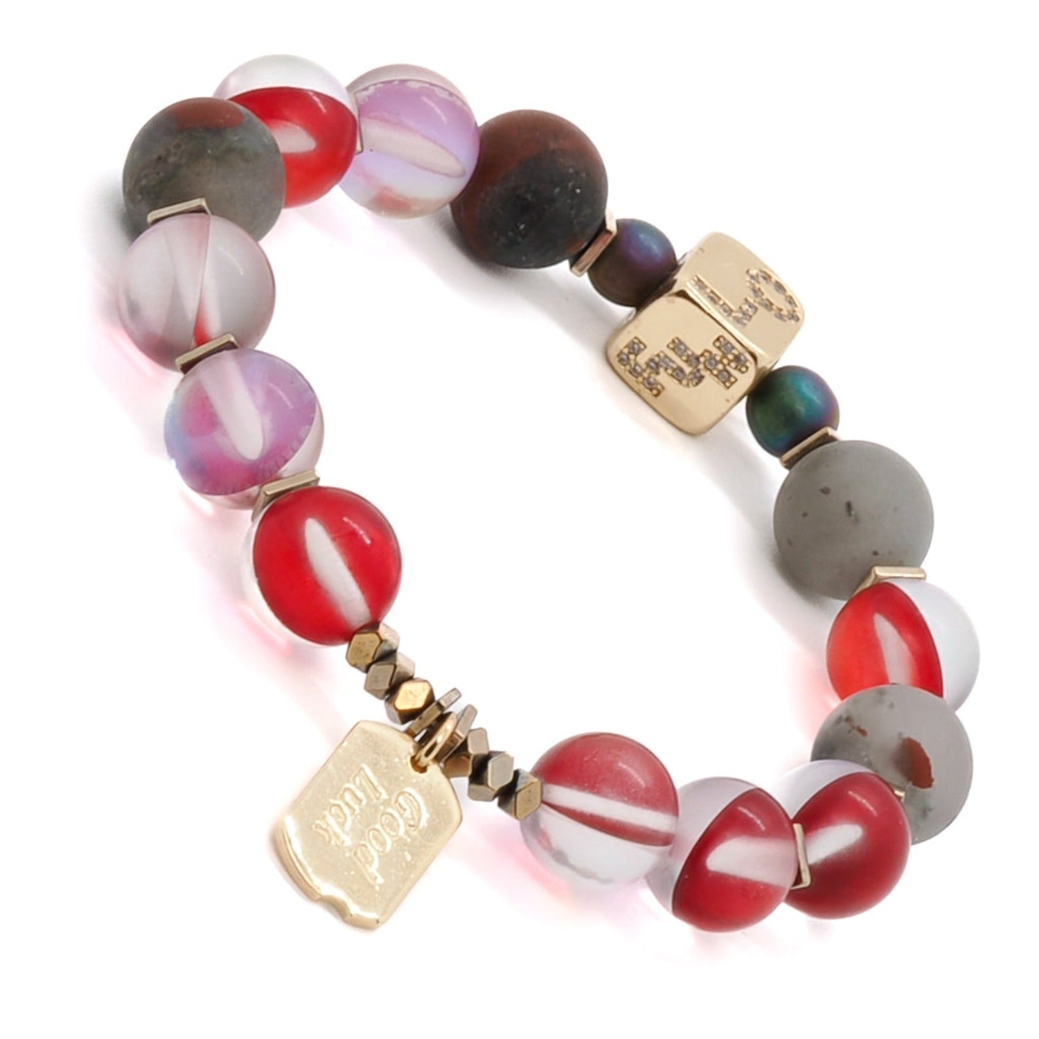 Experience the elegance of the Red & Gold Good Luck Bracelet, showcasing a stunning gold-plated bead and a gold-filled Good Luck charm.