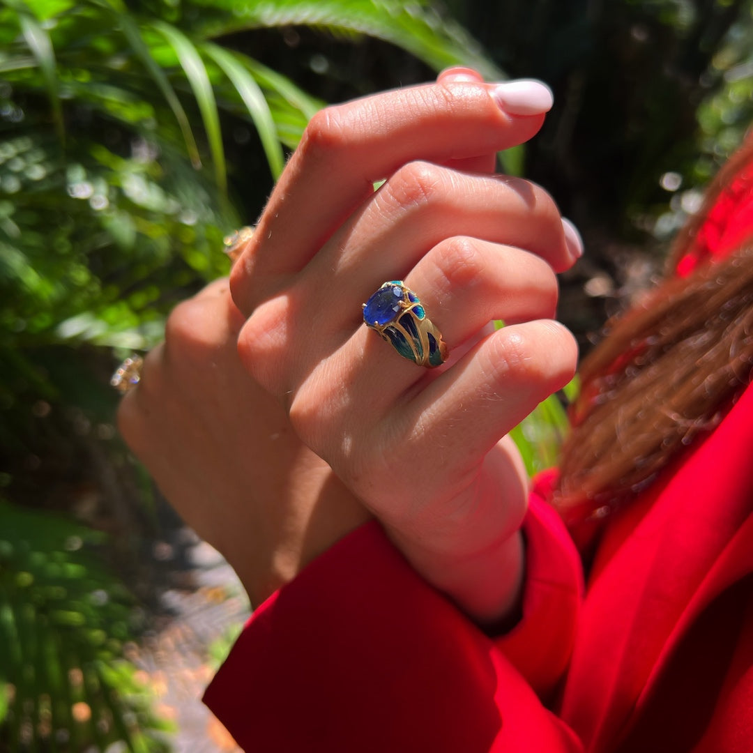 Attract Abundance - Model Wearing Sapphire Ring with grace.