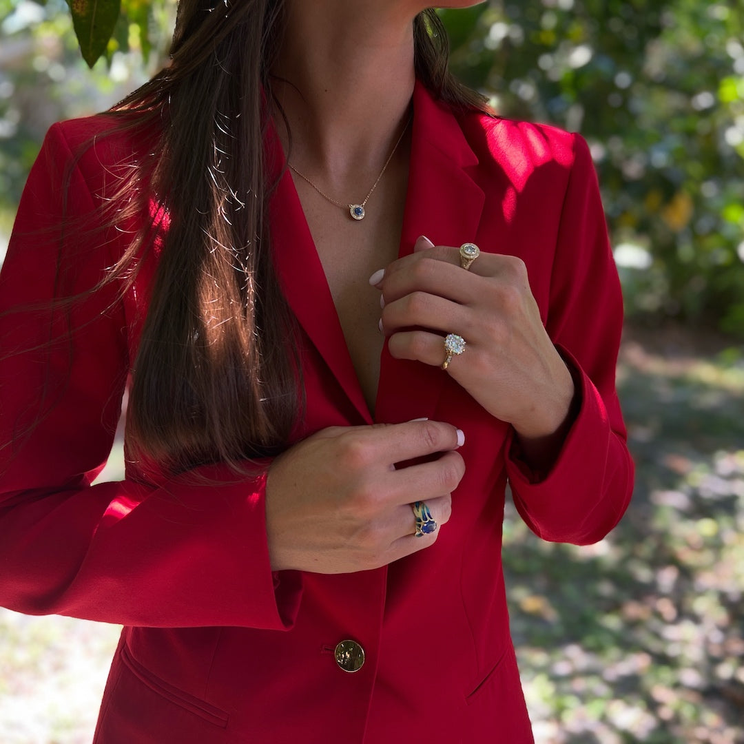Unique and Meaningful - Model Wearing Sapphire Flame Ring.