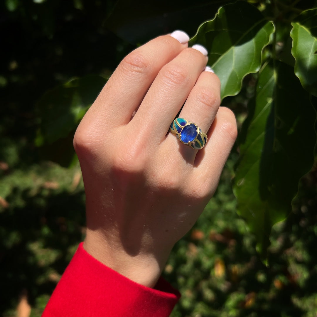 Model Wearing Sapphire Flame Ring - Embracing the regal and elegant look.