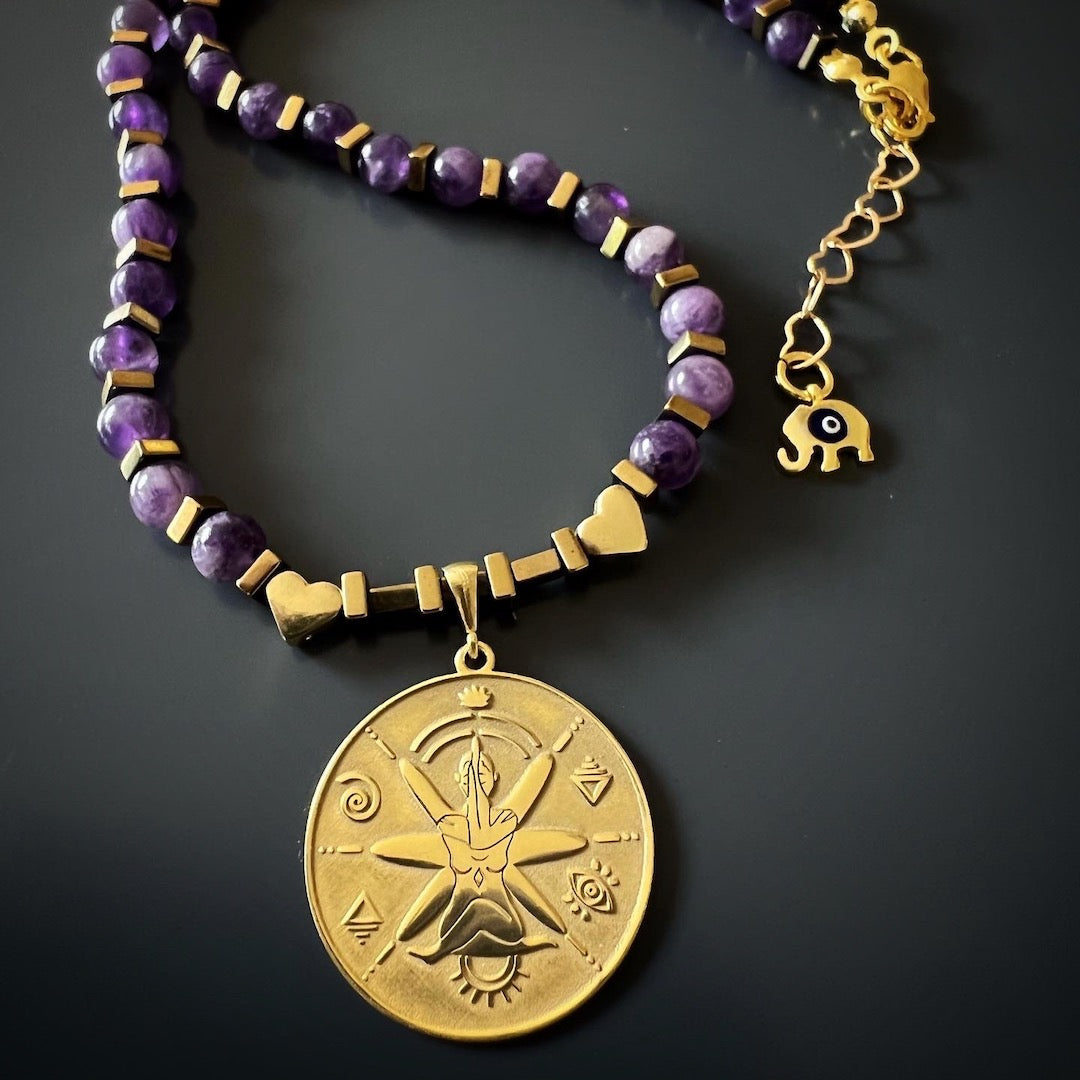 Inviting Good Energy - The See The Good Amethyst Choker Necklace with Protection Symbols.