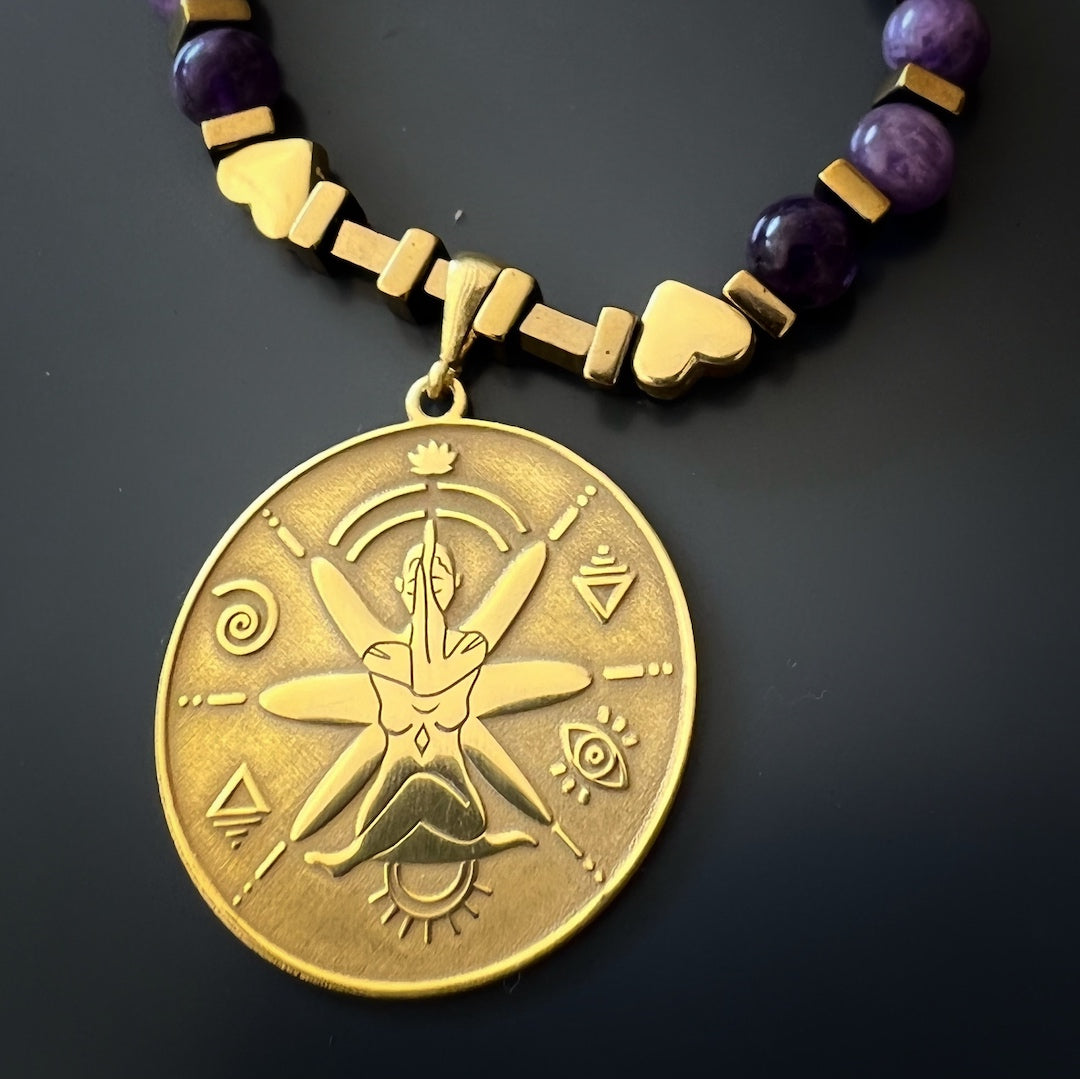 Inviting Luck and Fortune - Our model wearing the stunning See The Good Amethyst Choker Necklace.