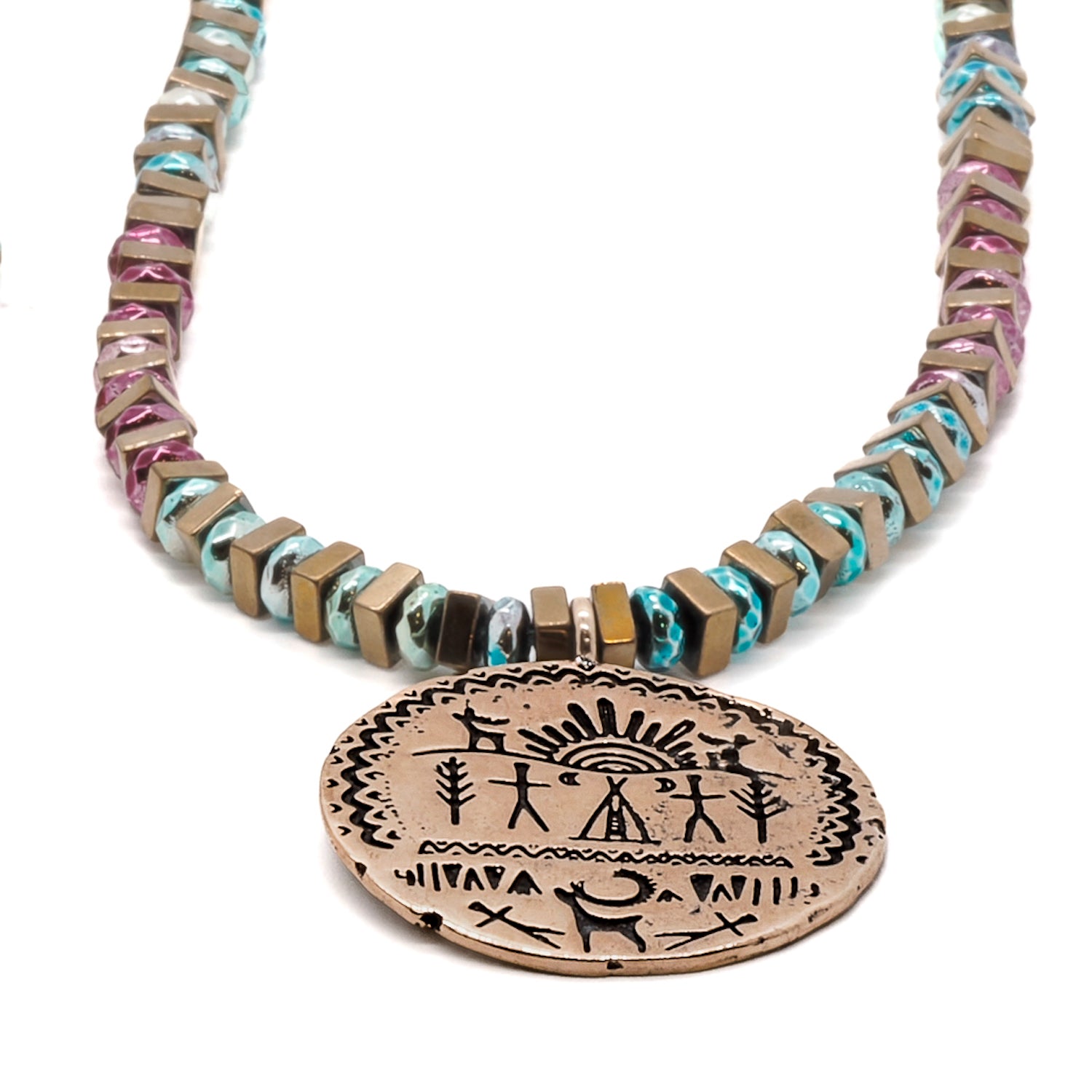 Mystical Power and Protection - Blue, Pink, and Gold Hematite Stone Beads Necklace.