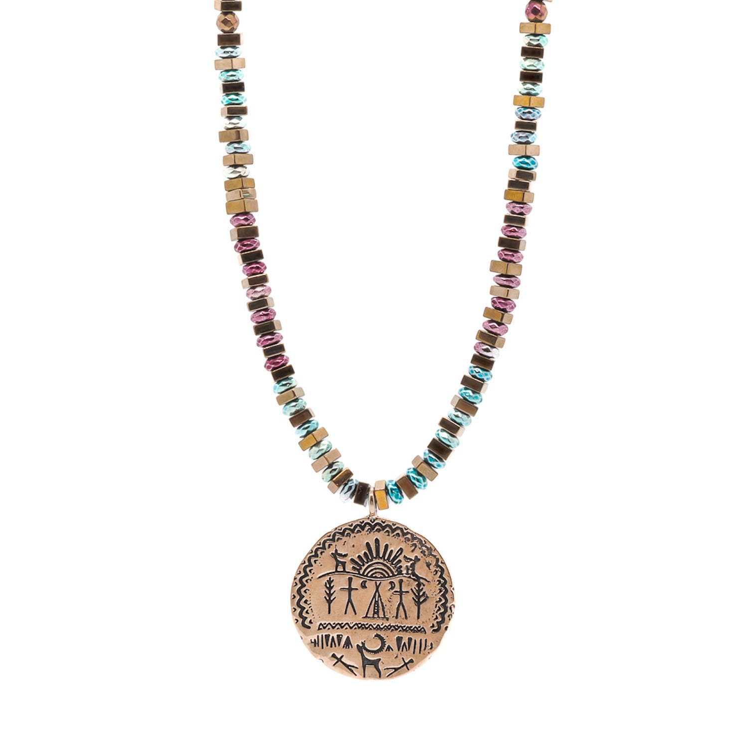 Handmade Shamanic Necklace - Featuring Moroccan Flower Beads and Sacred Symbols.