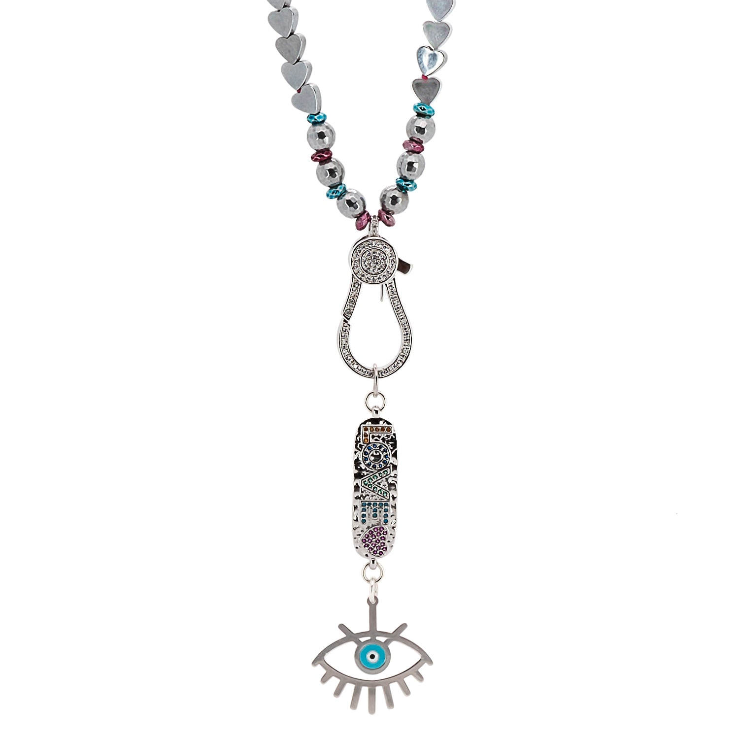 Close-up of the Silver Heart Love Protection Necklace with love pendant and evil eye charm