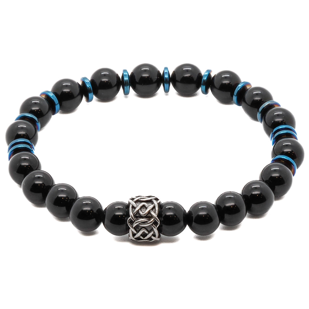 Spiritual men's bracelet with protective black onyx, blue hematite, and modern steel detail.