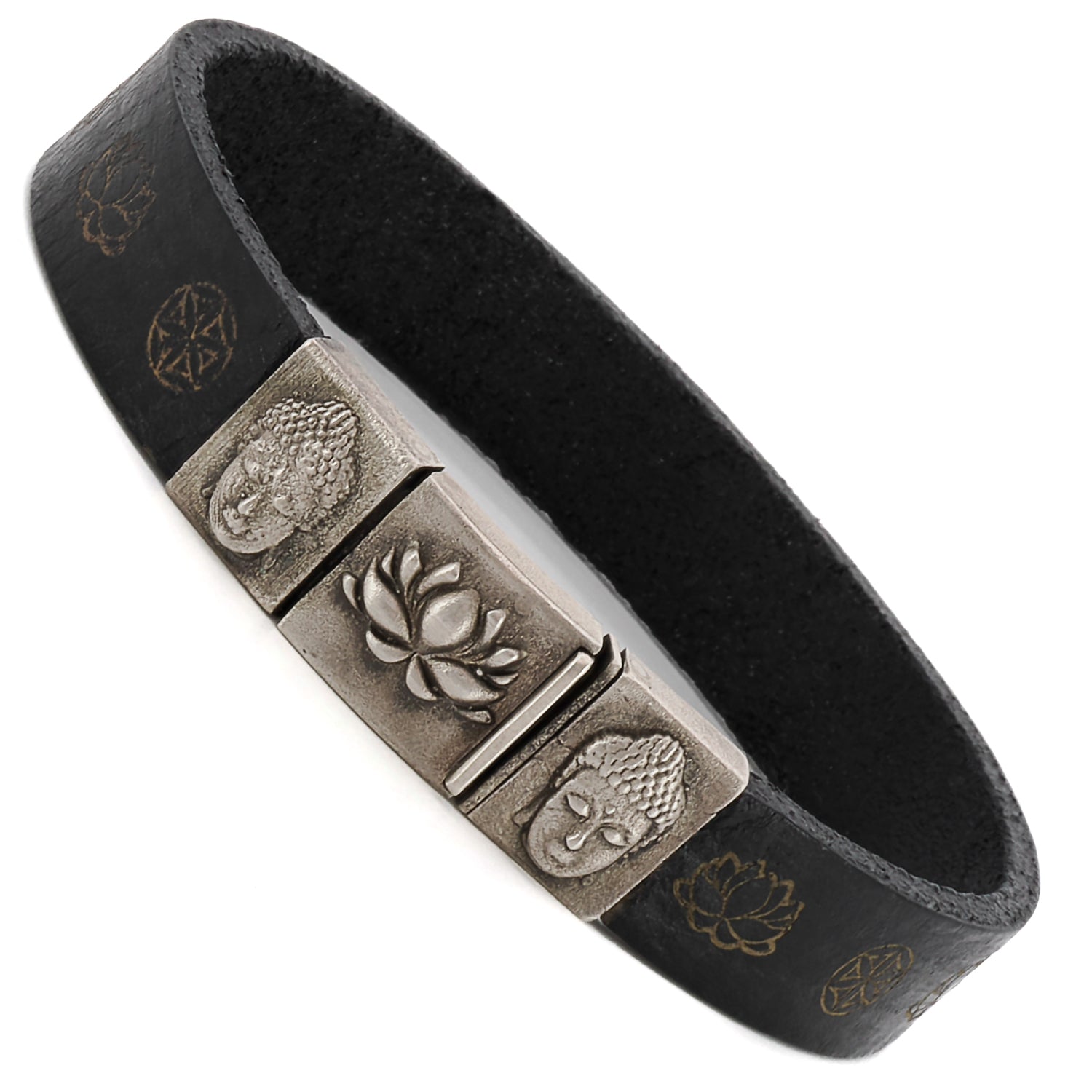 Laser-Engraved Leather - Spiritual Bracelet with Silver Buddha and Lotus Symbol.