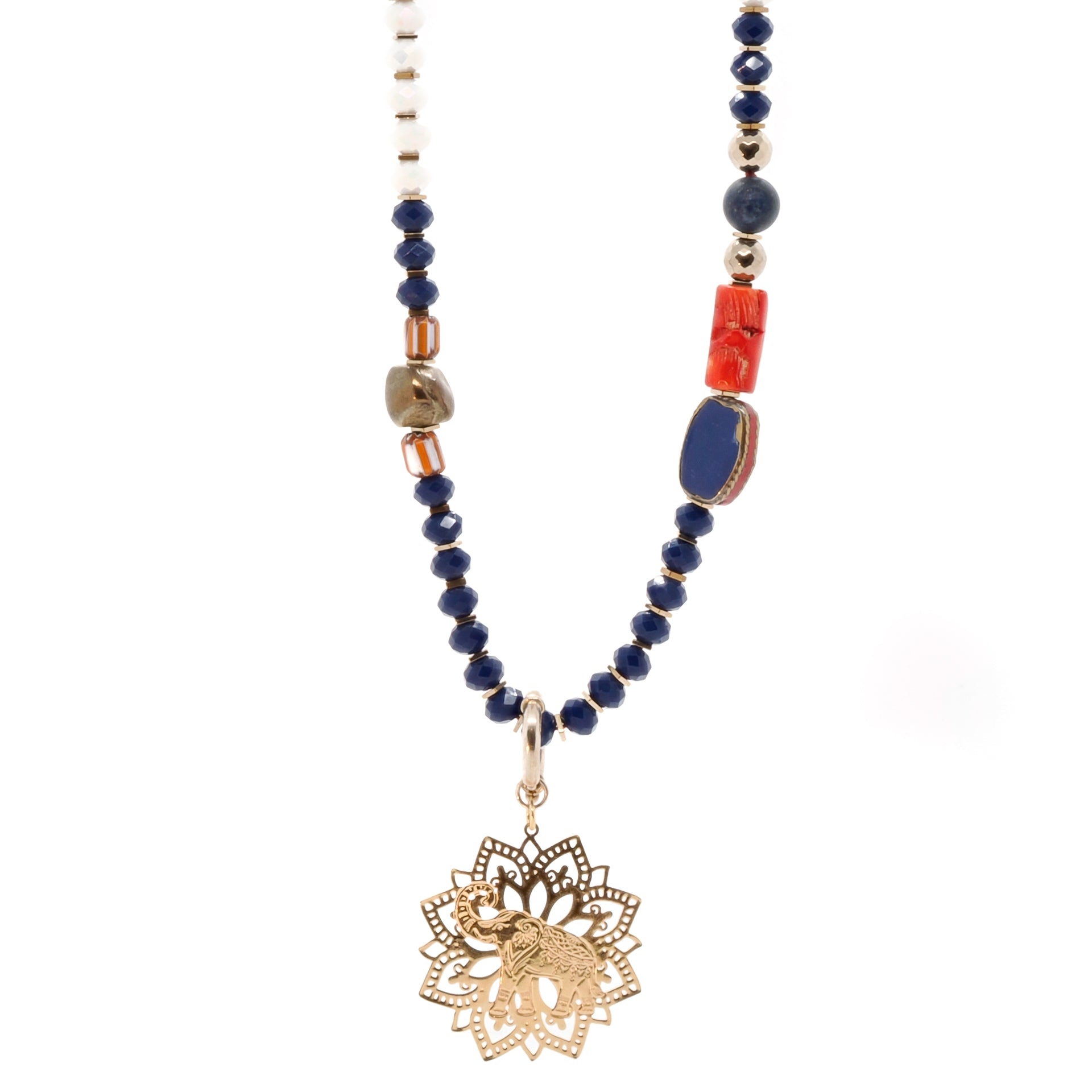 Embrace the spiritual energy of the Spiritual Elephant Necklace, featuring a lucky elephant pendant, evil eye charms, and a butterfly charm.