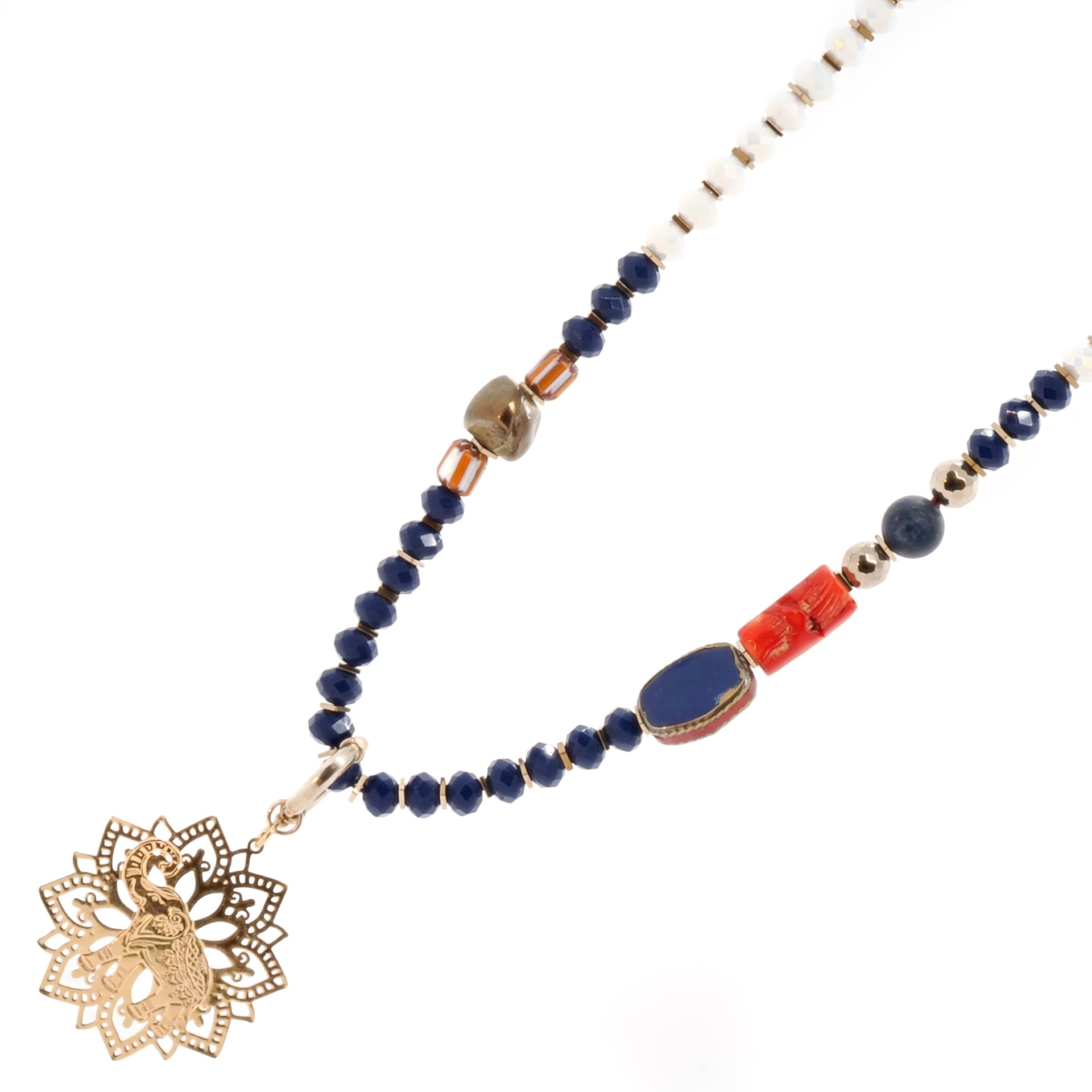 Make a statement with the Spiritual Elephant Necklace, showcasing a lucky elephant pendant and symbolic evil eye charms.