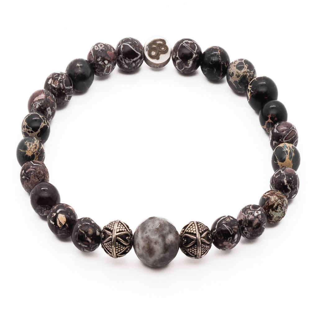 Grounding brown jasper bracelet with 925 silver logo bead and bold agate centerpiece.