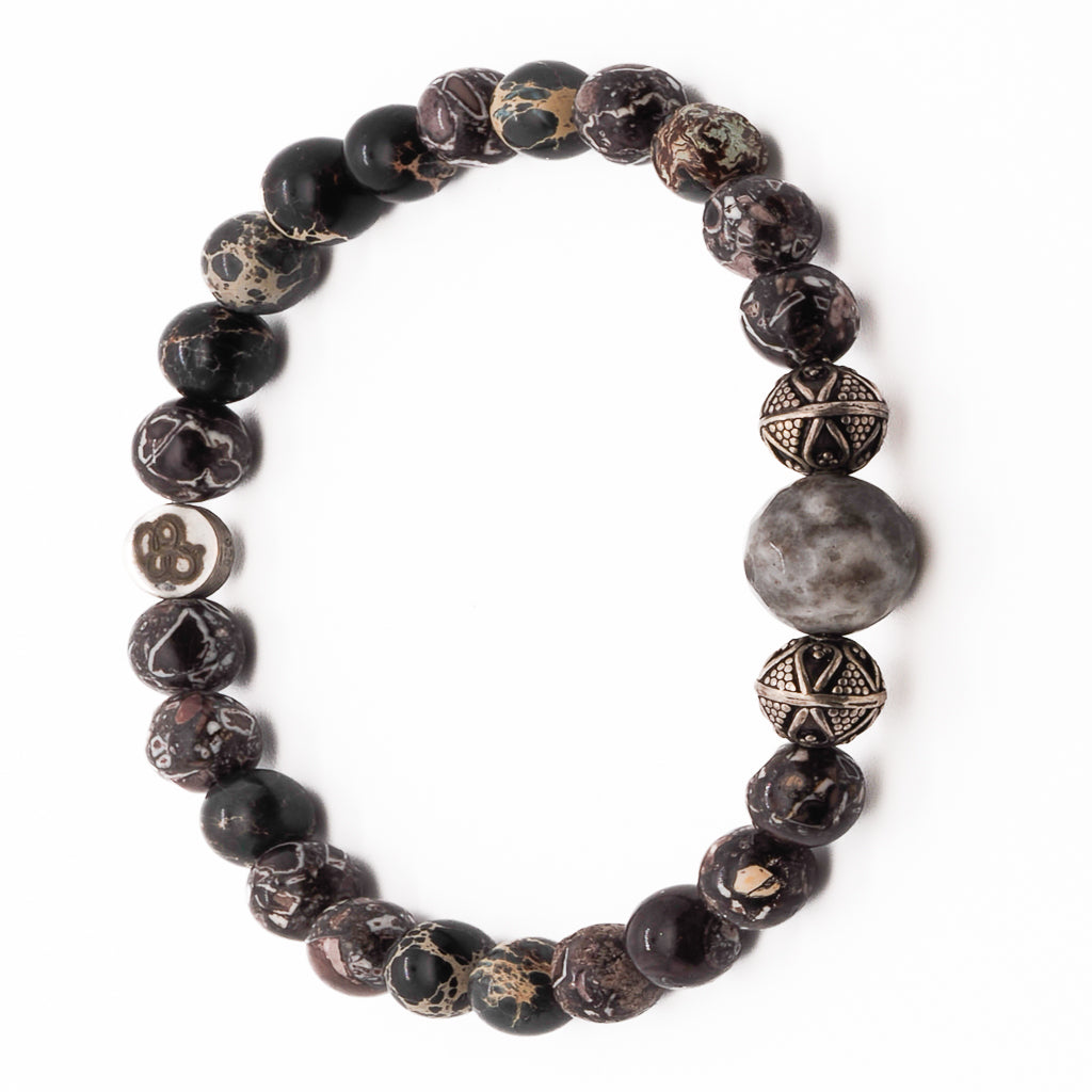 Handmade men's bracelet for individuality featuring jasper, tribal silver, and agate stone.