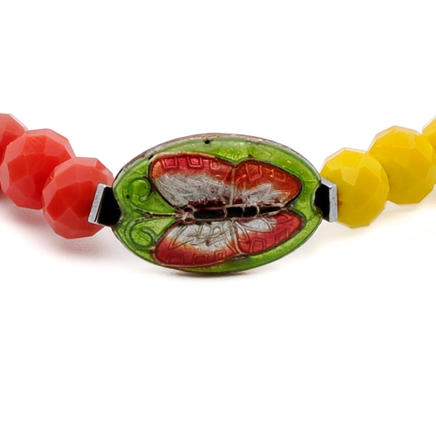 Playful anklet with colorful beads, butterfly, and hematite spacers.