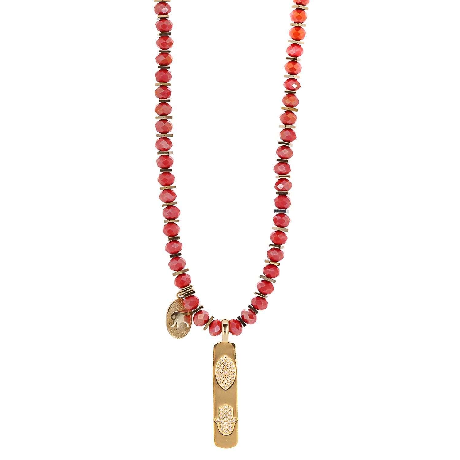 Summer Journey Necklace with vibrant orange crystal beads and an 18K gold plated Hamsa pendant