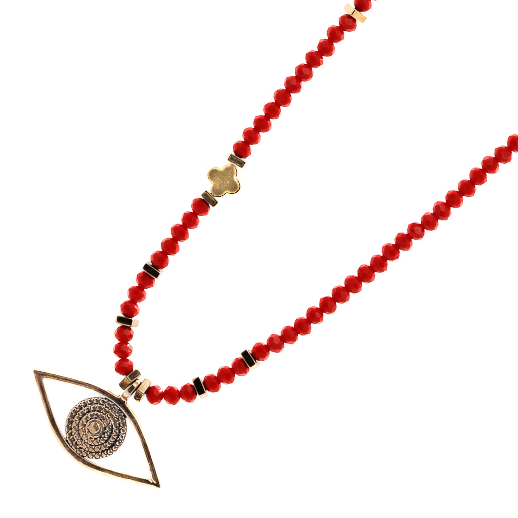 Evil Eye Pendant Necklace adorned with red crystal beads, radiating positive energy.