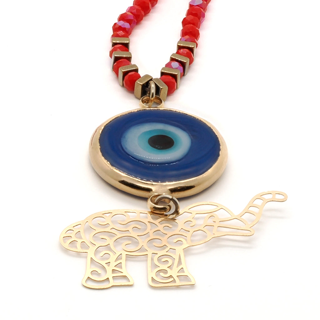 Handmade Necklace featuring colorful orange crystal beads and a striking evil eye pendant with an Elephant charm.