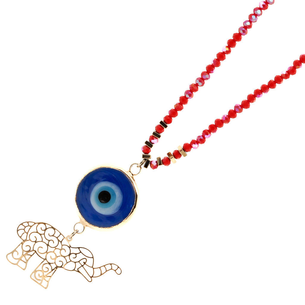 Colorful Necklace showcasing an 18k gold plated Elephant pendant and an enchanting evil eye charm.