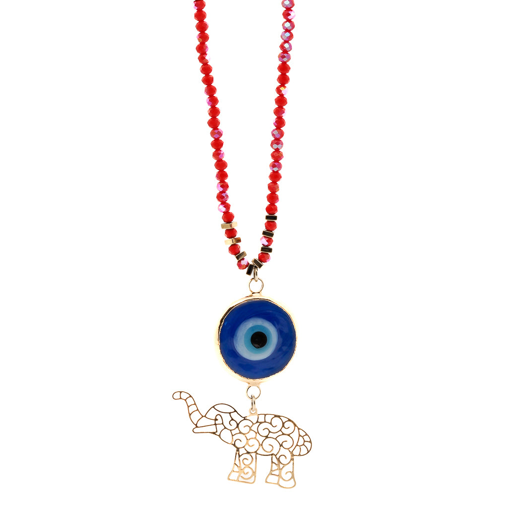 Vibrant Summer Lucky Elephant and Evil Eye Necklace with orange crystal beads and a gold-plated Elephant pendant.