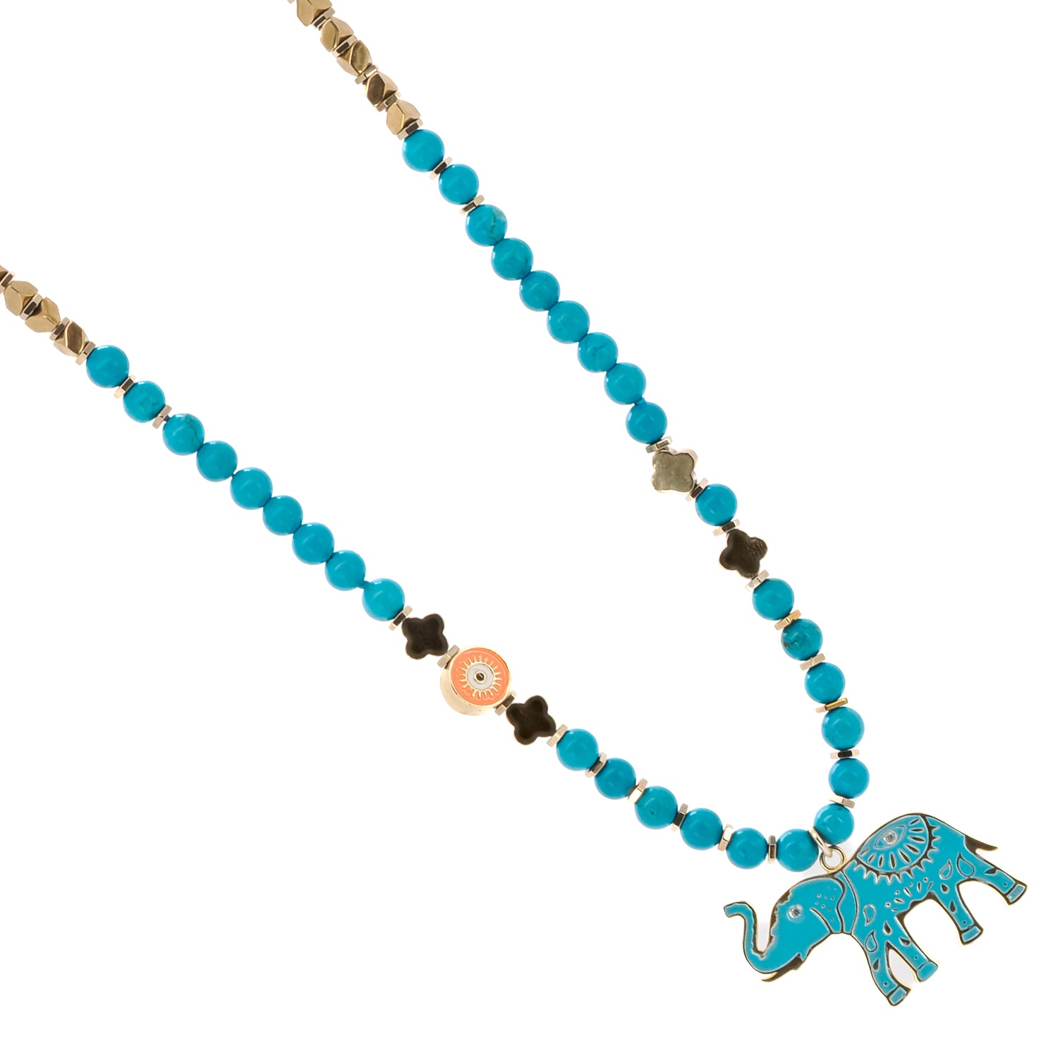 The 18K gold plated evil eye accent bead adding a touch of protection to the Turquoise Blue Elephant Necklace