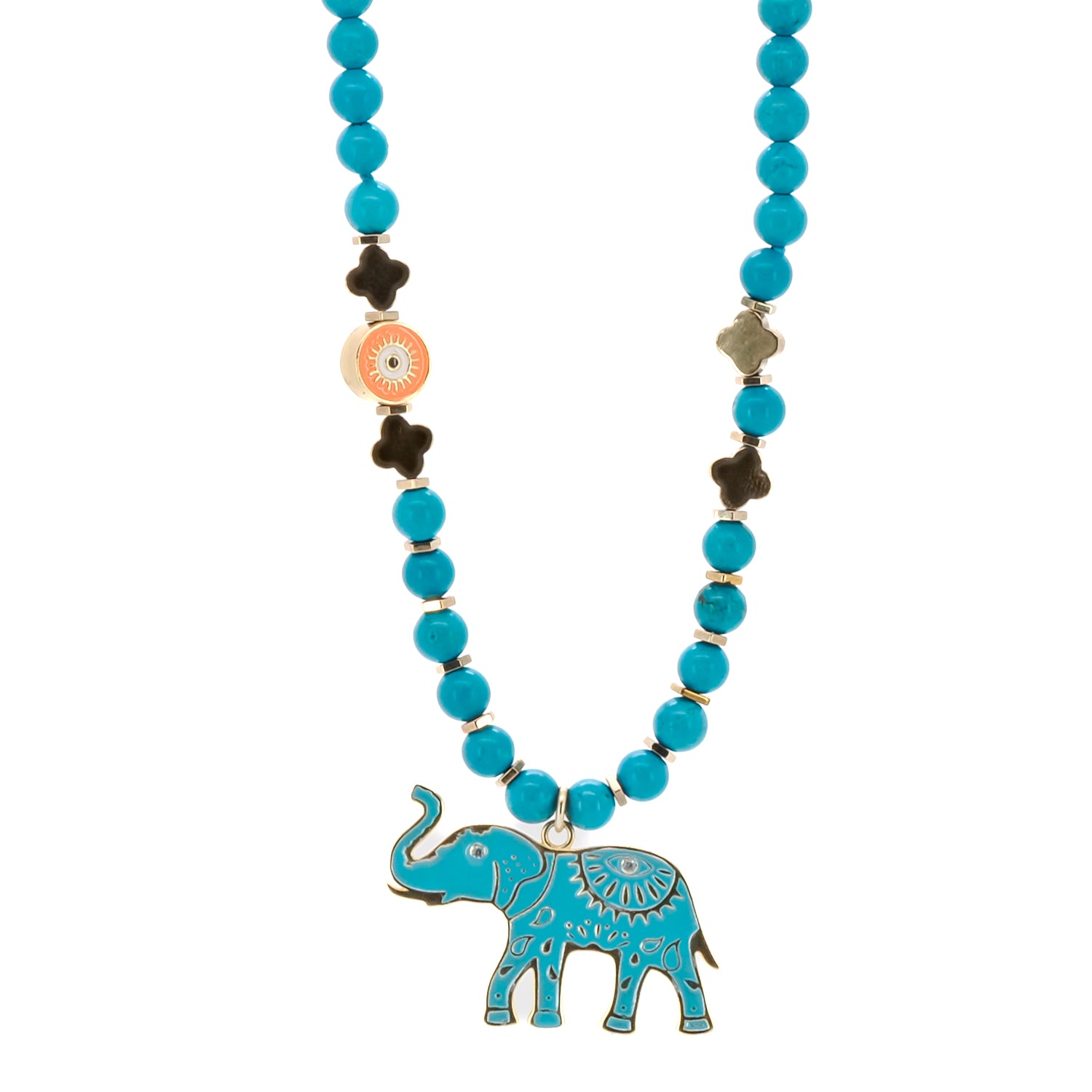 A close-up of the Turquoise Blue Elephant Necklace, showcasing its vibrant turquoise stone beads