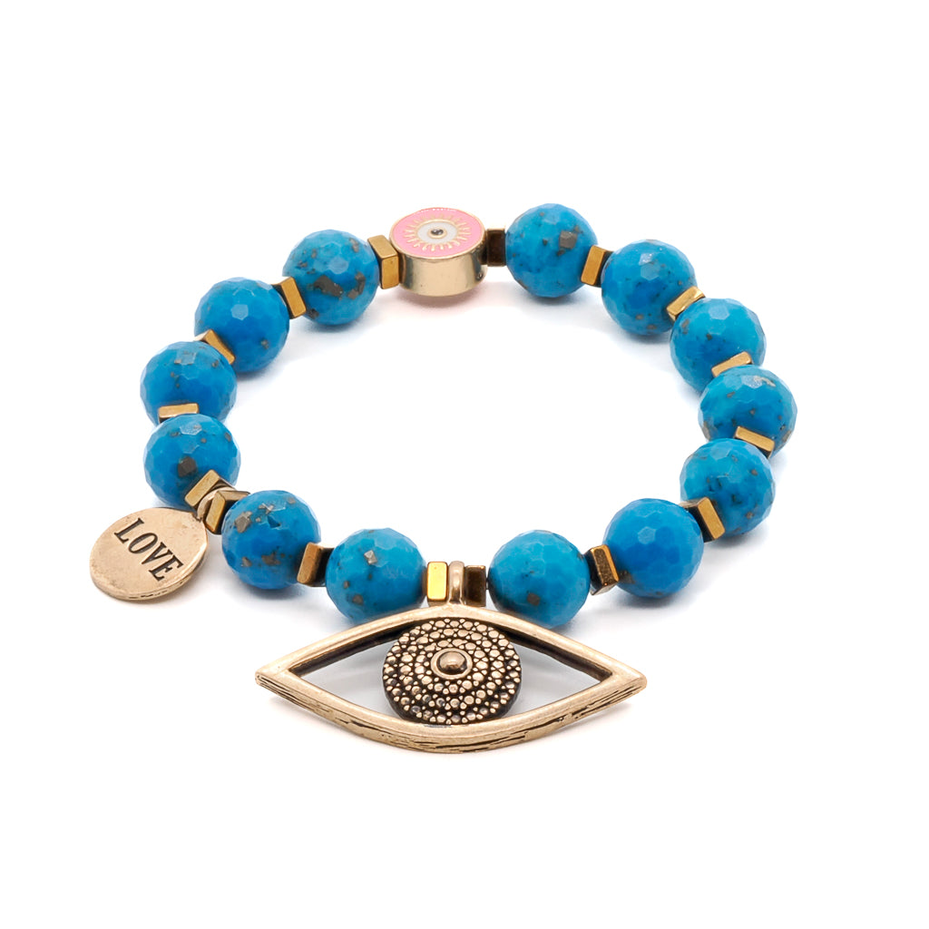 Embrace elegance and protection with the Turquoise Love Bracelet, featuring a stunning turquoise stone and bronze evil eye charm.