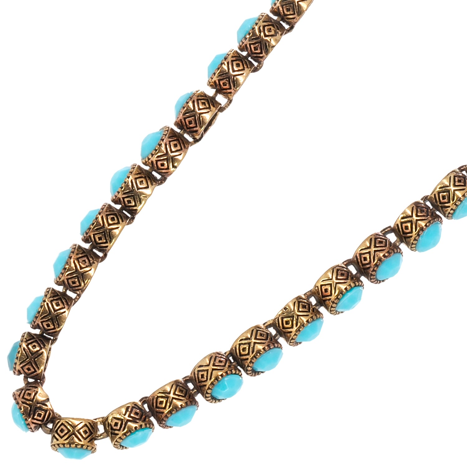Infuse your look with spiritual energy and style with this bronze tennis necklace adorned with turquoise healing crystal stones.