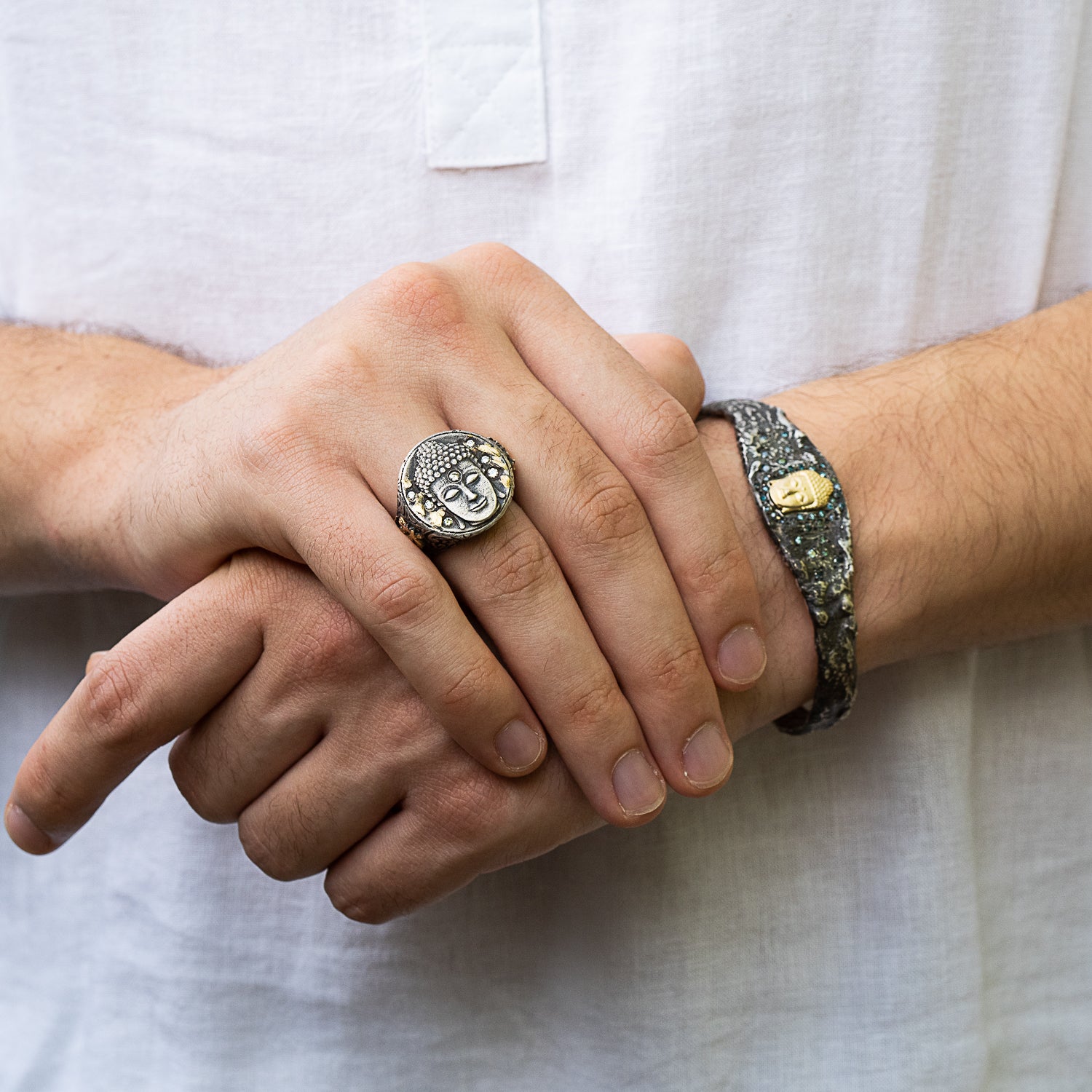 Model Wearing Unisex Buddha Ring - Symbol of Peace and Serenity.