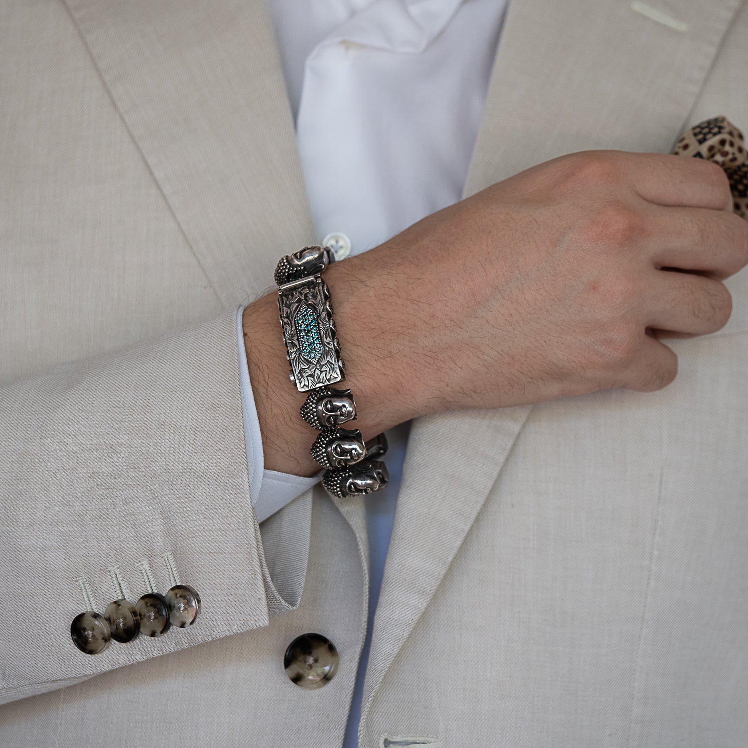 Model Wearing Silver and Diamond Buddha Peace Bracelet - Embracing elegance and spirituality.