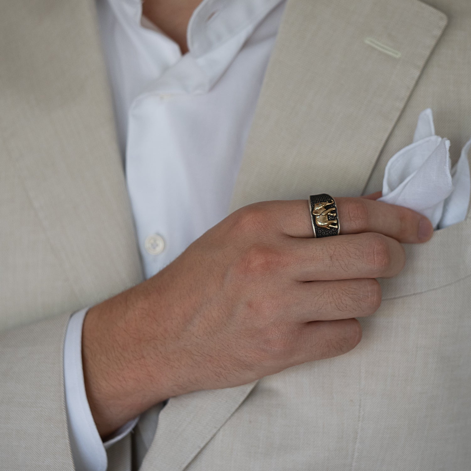 Model Wearing Unique Elephant Ring - Symbol of Strength and Beauty.