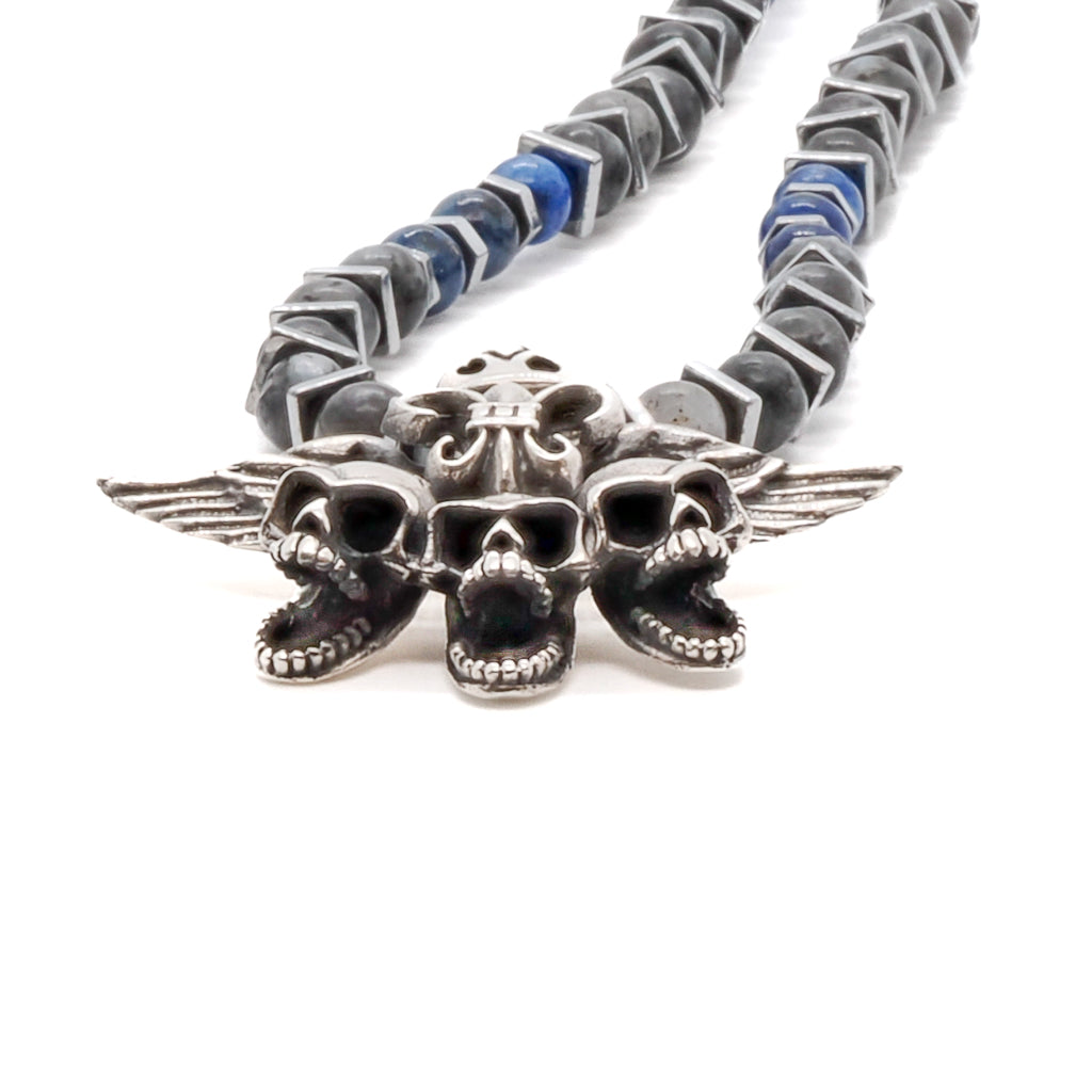 Unique Skull Necklace - Edgy Gothic Style with Obsidian and Lapis Lazuli Beads.