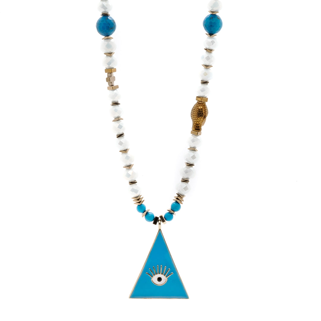 White Unique Evil Eye Necklace with crystal beads and turquoise stone.