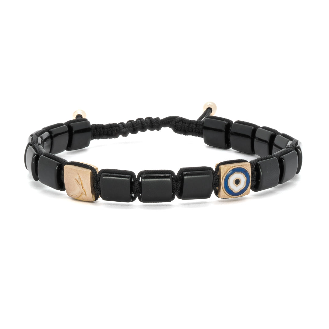 Elegant Yellow Gold and Onyx - Woven Evil Eye Bracelet for any occasion.
