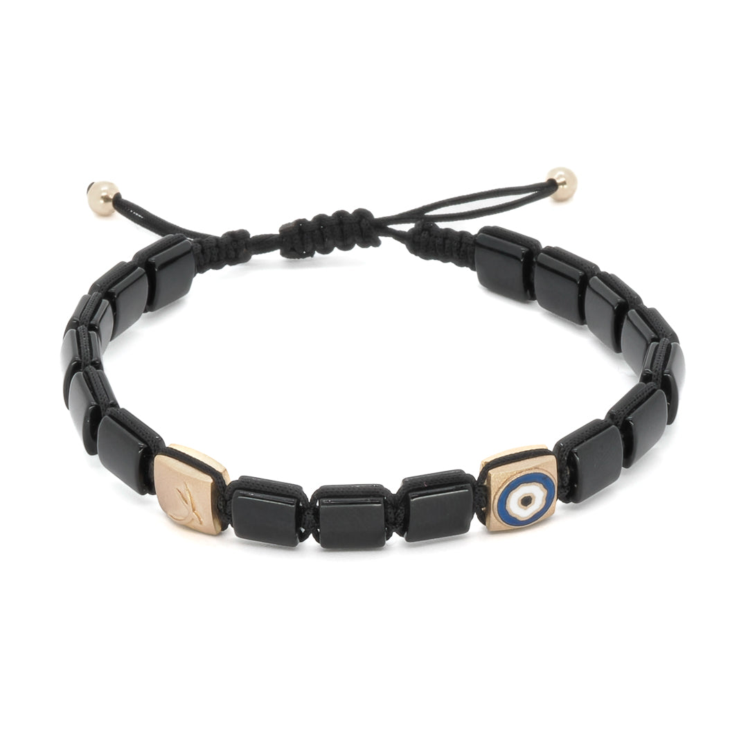 Woven Black Energy Gold Evil Eye Bracelet - Handcrafted from 14 Carat Recycled Yellow Gold and Onyx.