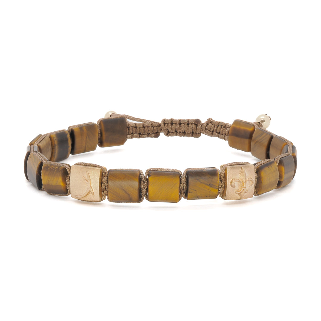 Elegant Yellow Gold and Tiger's Eye - Woven Fleur de Li Bracelet for an exquisite look.