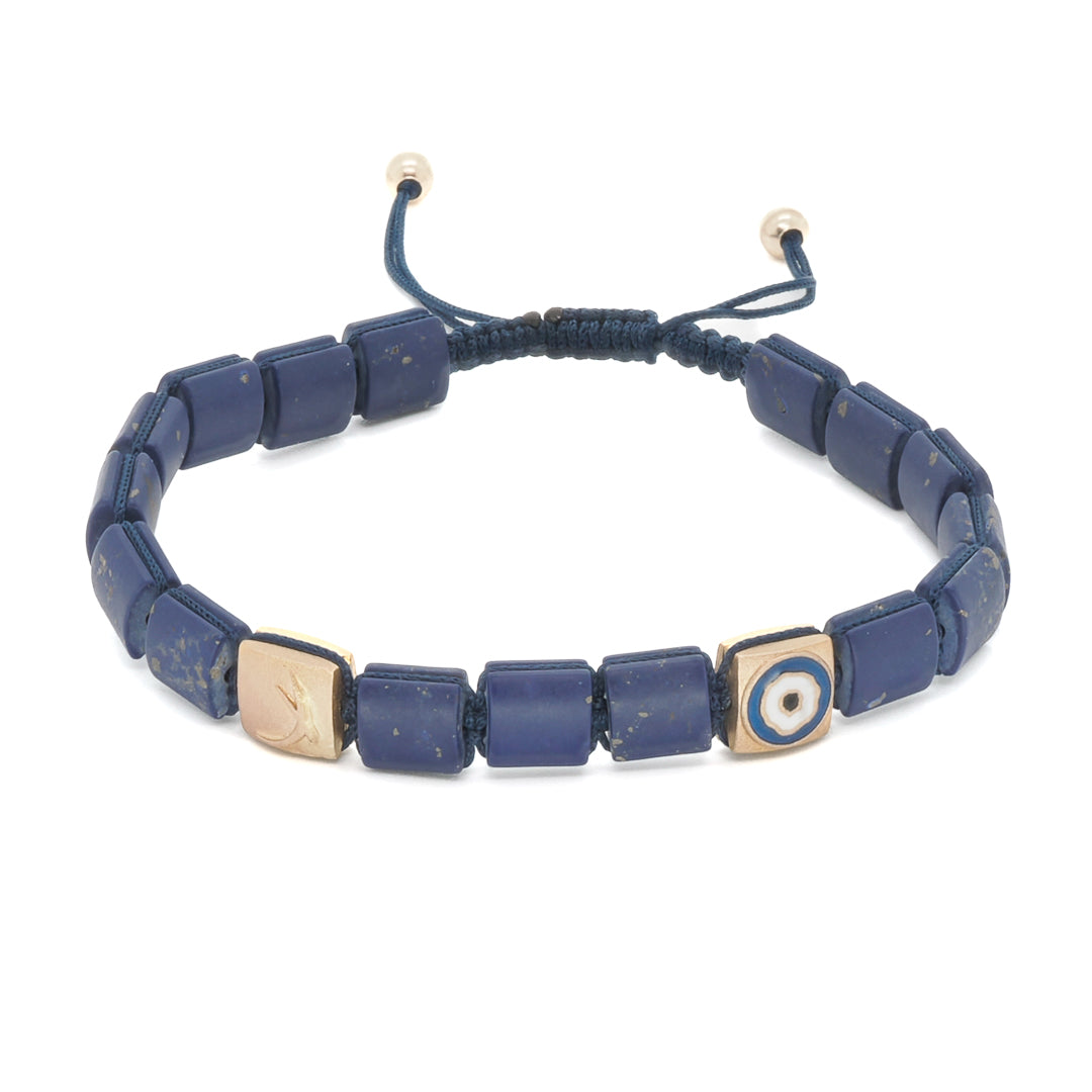 Woven Lapis Lazuli Gold Evil Eye Bracelet - Handcrafted from 14 Carat Recycled Yellow Gold and Lapis Lazuli.