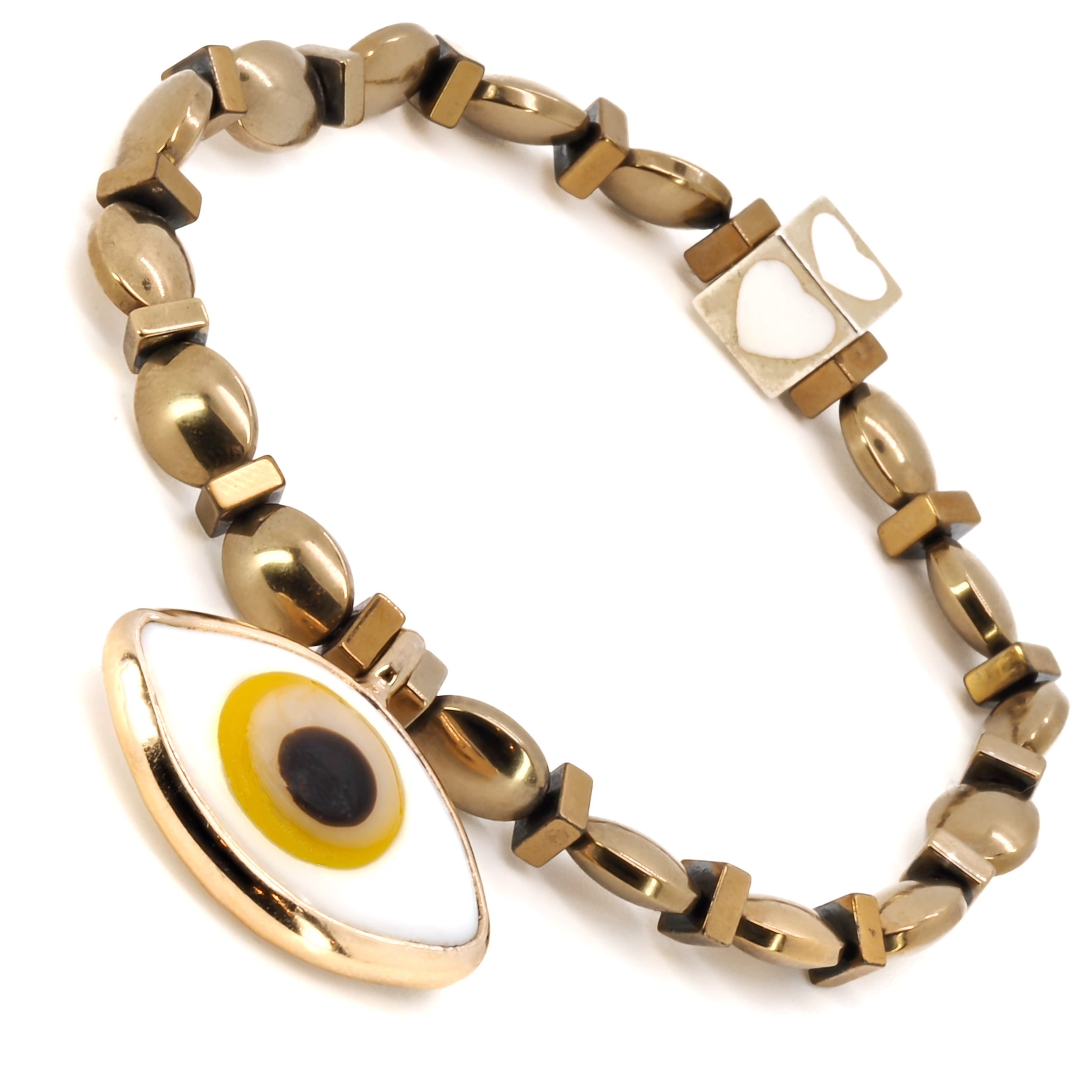 Adorn your wrist with the Yellow Evil Eye Bracelet, a stunning accessory that combines the elegance of gold-colored hematite beads with the protective symbolism of the evil eye.