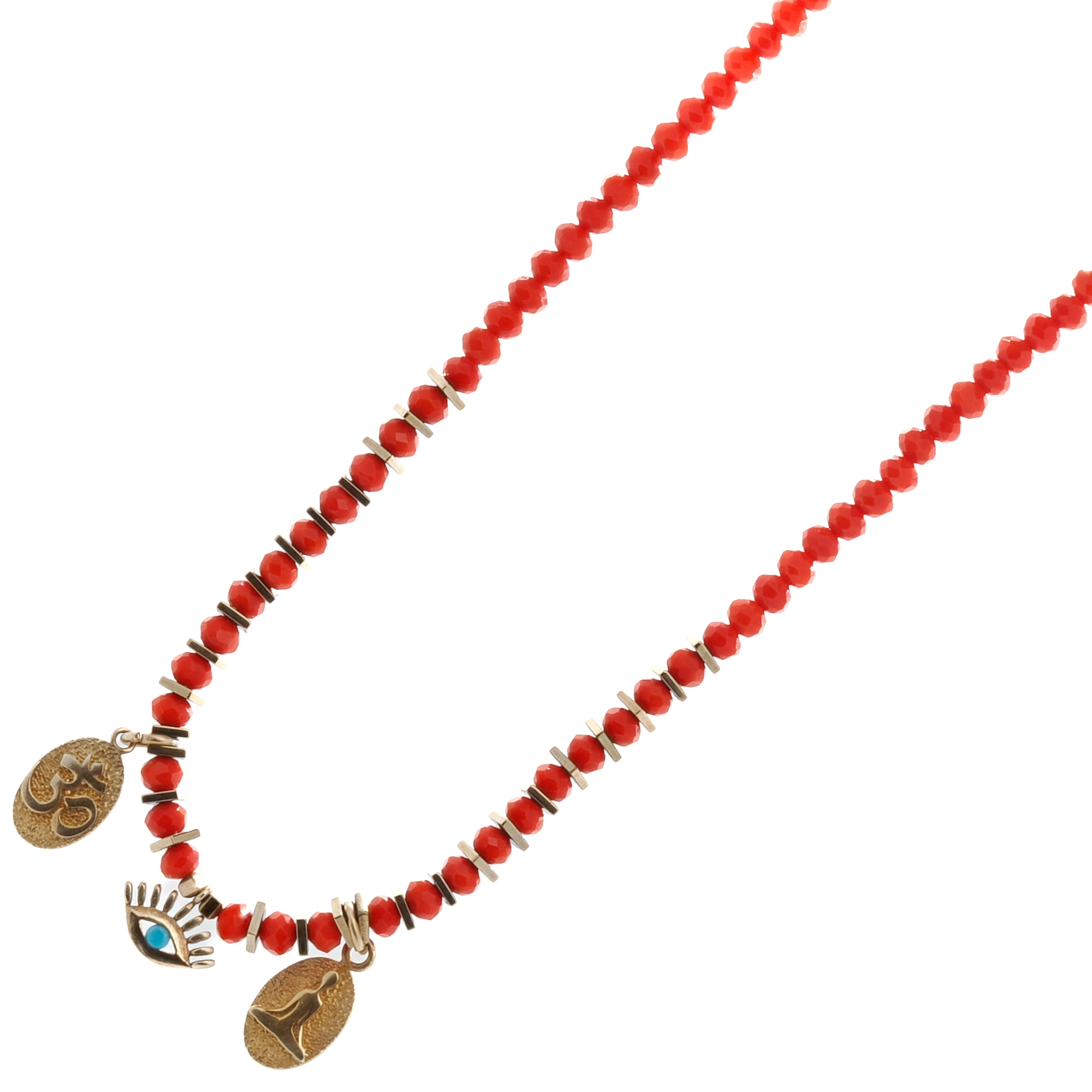 Beautifully crafted Yoga Girl Choker Necklace with gold charms and vibrant red crystal beads.
