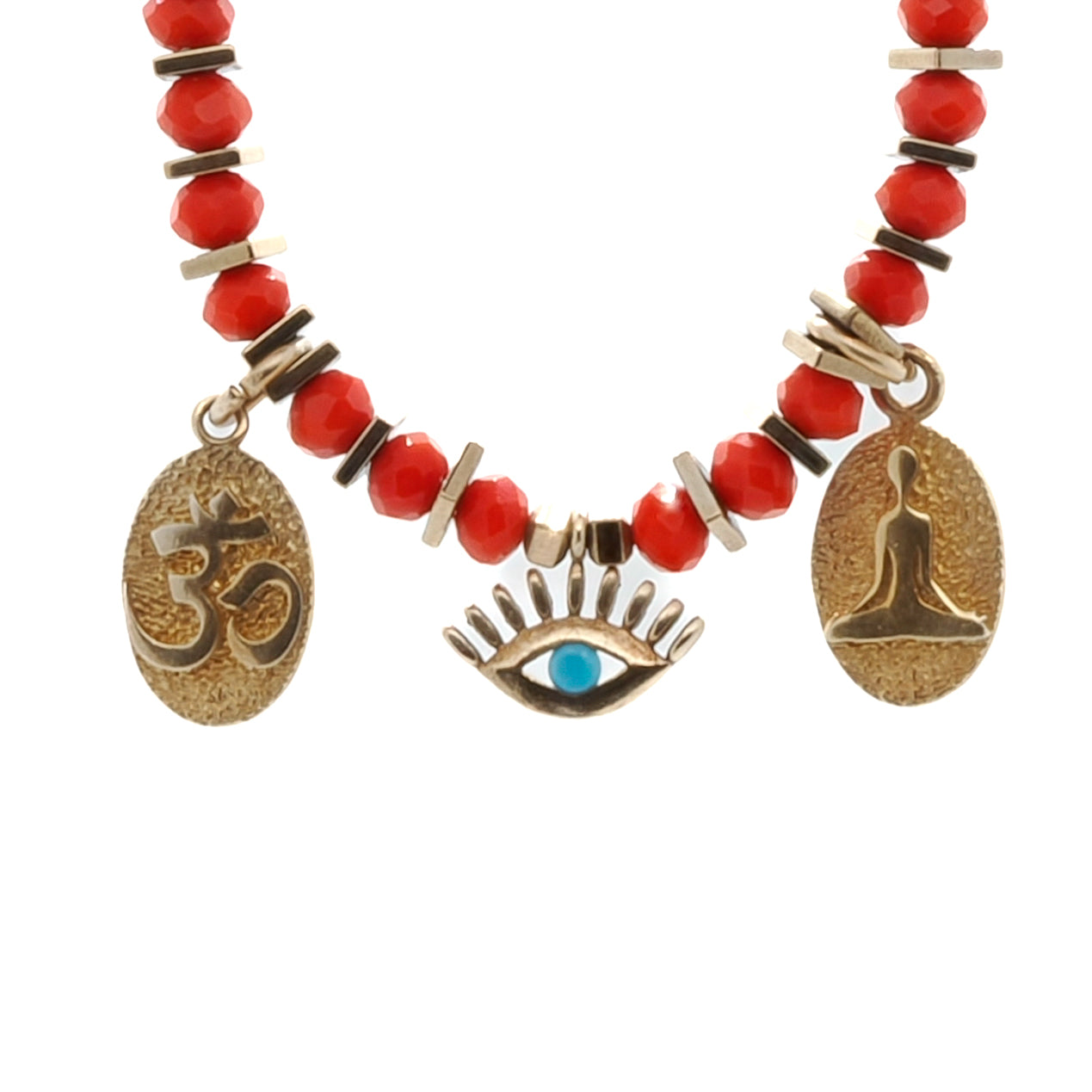 Handmade Yoga Girl Choker Necklace with dainty gold charms and red crystal beads.