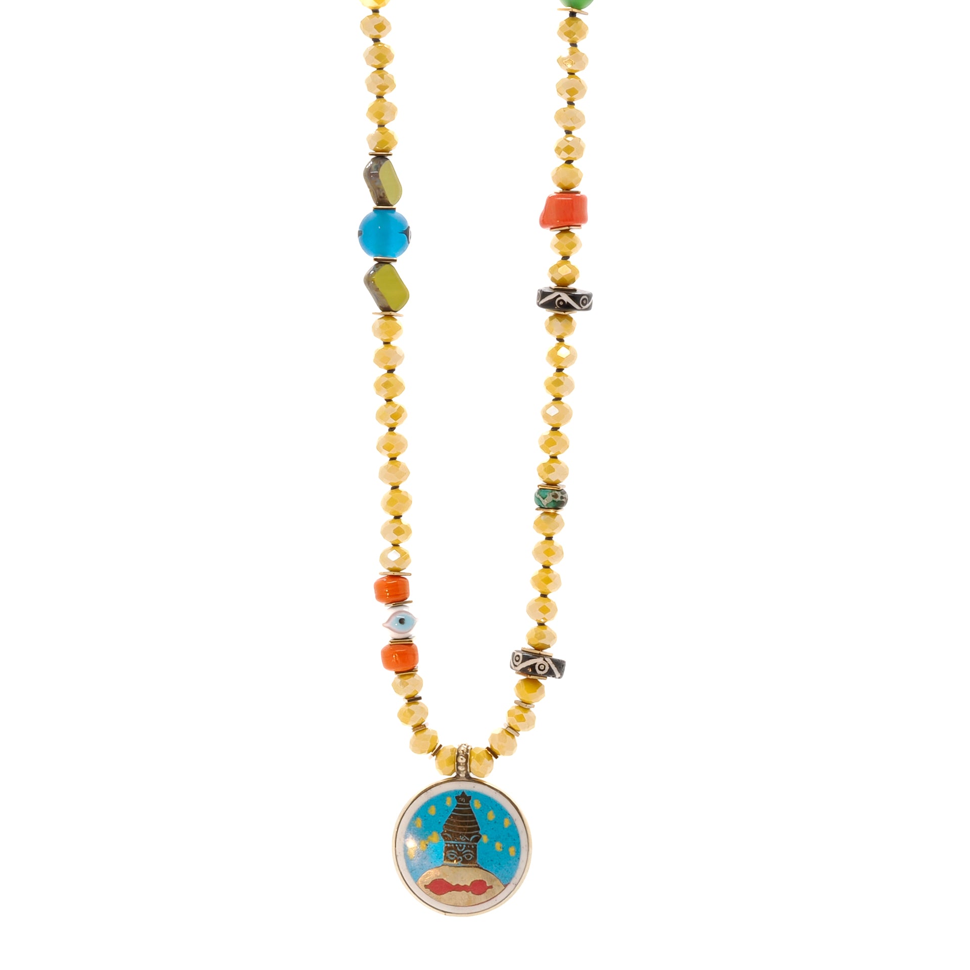 Find spiritual balance and protection with the Yoga Serenity Necklace's Buddha Eyes and evil eye beads.