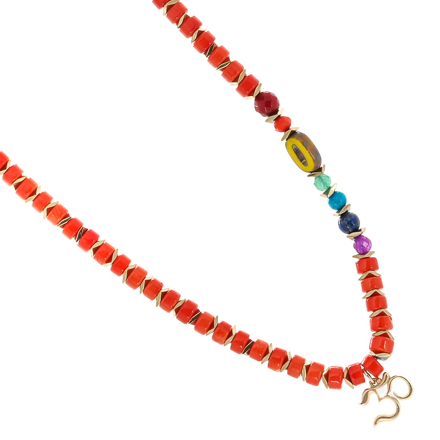 Coral stones adding a touch of vibrant red to the Chakra Necklace, symbolizing passion and vitality.
