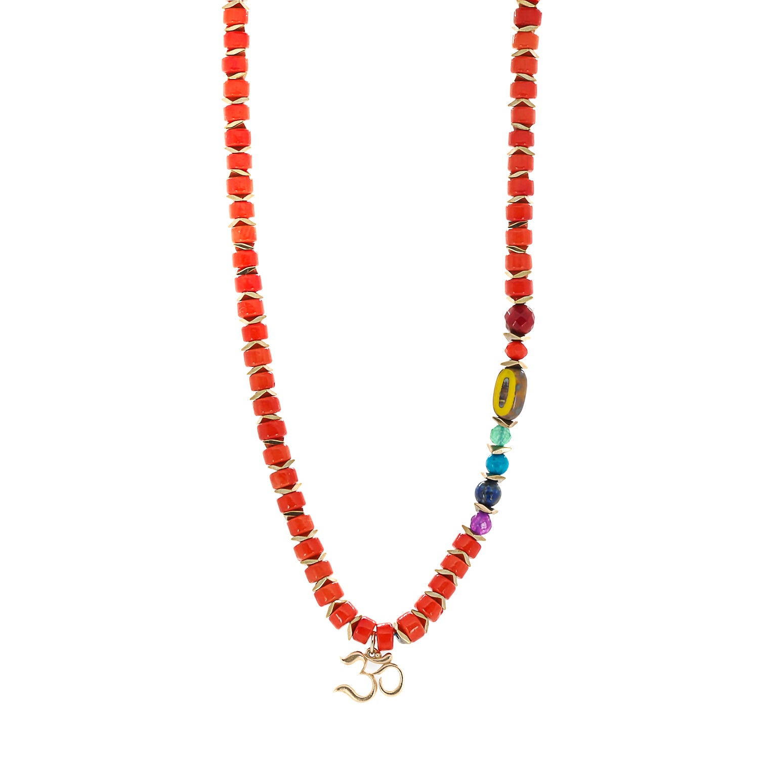 14K Gold Om Pendant Chakra Necklace featuring a beautifully handcrafted Om pendant in 14K yellow gold, surrounded by chakra-colored natural beads and coral stones.